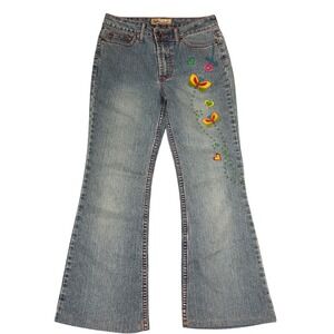 Y2K LEI Jeans Butterfly Embroidered Flare‎ Leg Denim Jeans Y2K Size XS BOHO